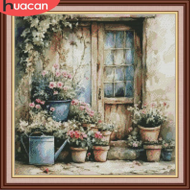 HUACAN Kreuzstich-Set Landschaft und Pflanze mit Tür als Wanddekoration, Mehrfarbig, B/H: 30 x 30 cm - Bild 1