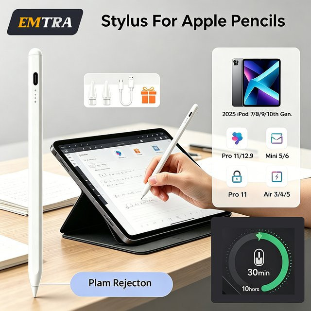 EMTRA iPad Pencil 2025 Stylus-Stift in Weiß mit Handballenerkennung und Neigungssensitivität für iPad Air Pro M3 und iPad mini 5 6 7 sowie iPad 7 8 9 10 11. Generation - Bild 1