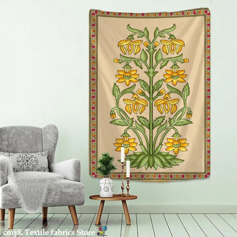Super Six Wandteppich Mandala Blumen Boho Design Beige B: 95 cm, H: 70 cm - Bild 1