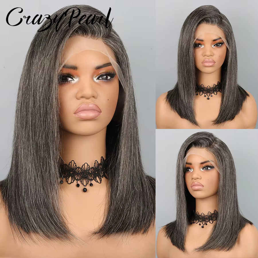 CrazyPearl Bob-Perücke aus Echthaar, Salz-und-Pfeffer-Grau, 13x4 Lace-Frontal - Bild 2
