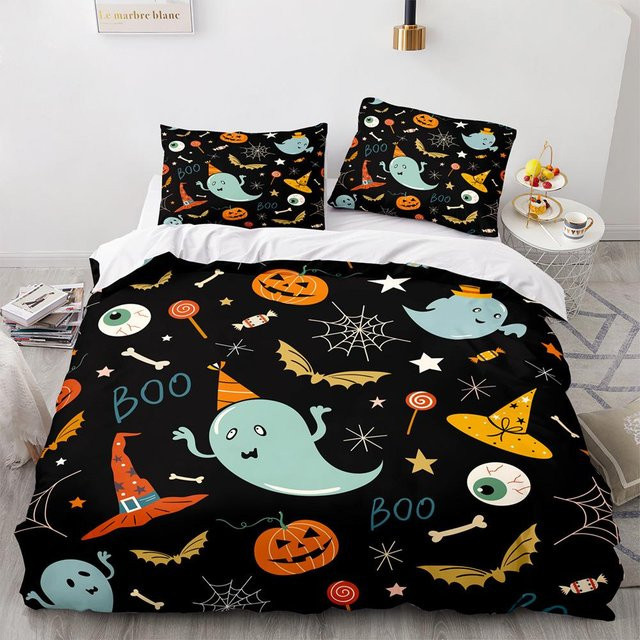 Halloween Bettwäscheset mit Kürbislaterne Cartoon Design aus Polyester für Kinder und Teenager, Schwarz, B/H: 135 x 200 cm, inklusive 2 Kissenbezügen (50 x 70 cm) - Bild 1