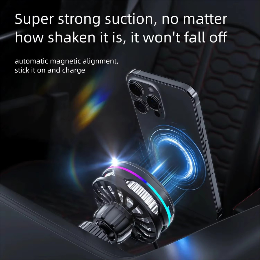 VIKEFON Qi2 Auto-Magnetisches Schnell-Ladegerät mit Kühlventilator und Wärmeableitung, Lüftungshalterung für iPhone 12-17 und Samsung, Schwarz - Bild 4