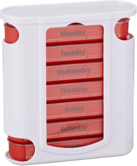 Relaxdays Pillendose mit 4 Fächern für 7 Tage in Weiß und Rot mit Schiebedeckel, B/T/H: 13 x 11,5 x 4,5 cm - Bild 1