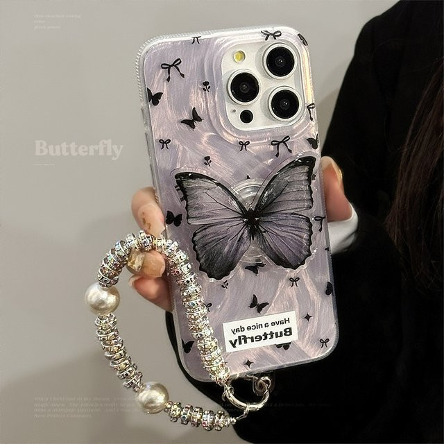 Potdemiel Schmetterlings-Handyhalterung in Schwarz mit Handgelenkkette und stoßfester Hartschale für iPhone 17, 16, 15, 14, 13, 12, 11 Pro Max - Bild 1