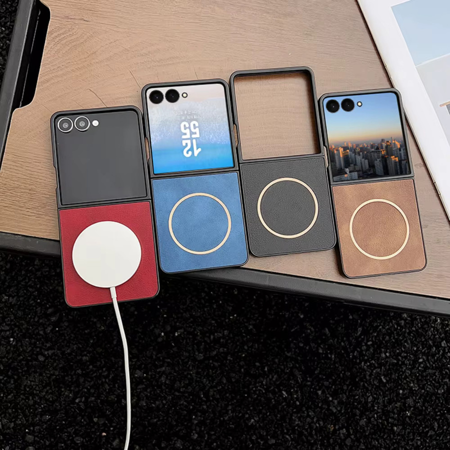 Magnetische Leder-Handyhülle für Samsung Galaxy Z Flip7 FE, Z Flip 7, Z Flip 6 und Z Flip 5 mit kabelloser Ladefunktion in Braun - Bild 1