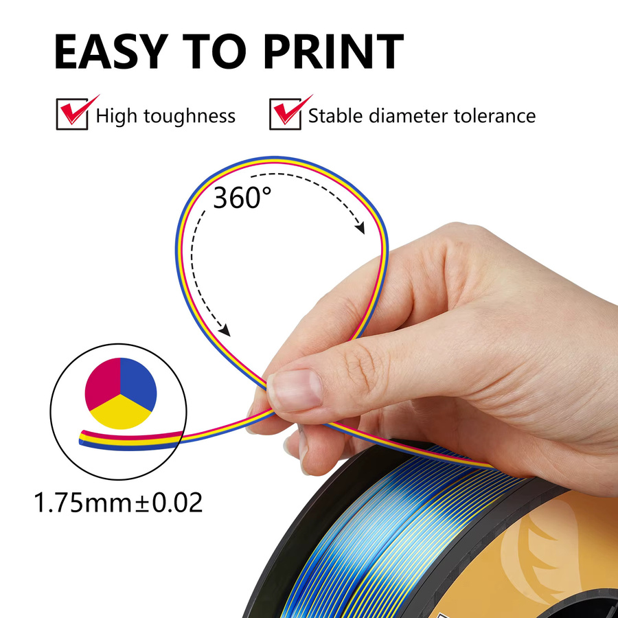 KINGROON Seiden PLA Filament 1,75 mm Dreifarbig (Rot, Gold, Blau) 1 kg Rolle für FDM 3D-Drucker - Bild 3