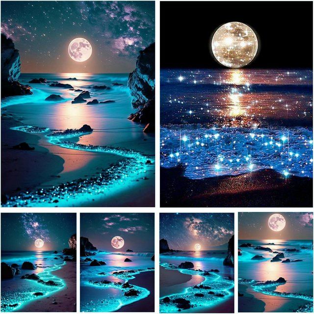 Potdemiel 5D Diamantgemälde zum Selbermachen mit Mond und Meer als Nachtlandschaft Mosaik-Stickerei für deine Heimdekoration mit runden Bohrern - Bild 1