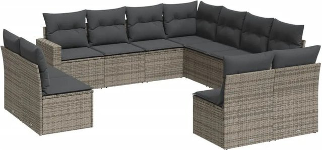 vidaXL 11-tlg. Garten-Sofagarnitur in U-Form aus grauem Poly-Rattan mit Sitzkissen und Stauraum - Bild 1