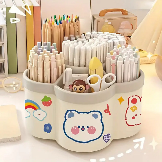 Niedriger Stifthalter und Büro Organizer aus Kunststoff mit 360 Grad Rotation in Beige oder Weiß - Bild 1