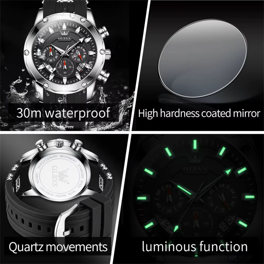 OLEVS Chronograph Herren-Armbanduhr, Quarz, Silikonarmband, Schwarz - Bild 5