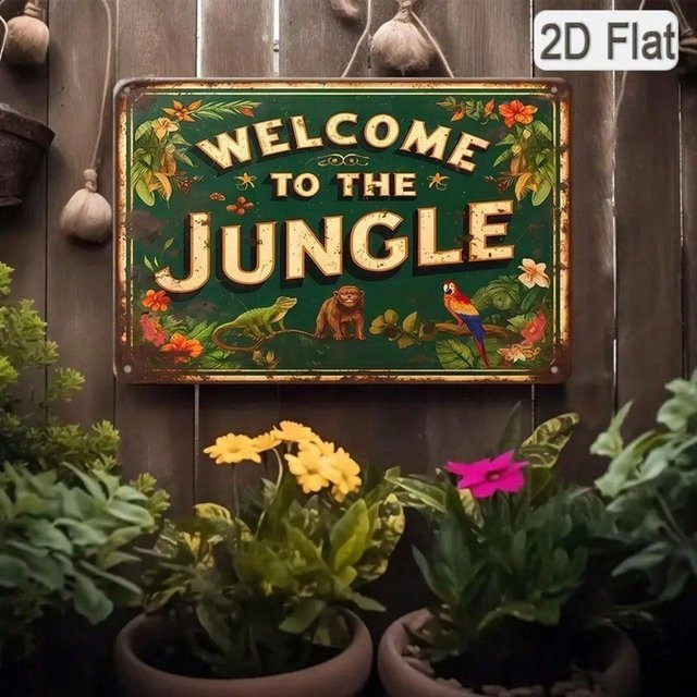 Vintage Metall Blechschild CIFBUY Willkommen im Dschungel Wanddekoration mit tropischer Tierkunst und floralen Motiven, Mehrfarbig - Bild 1