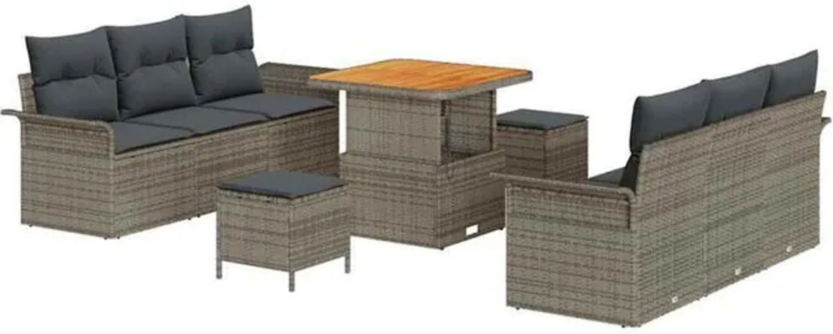 vidaXL Garten-Sofa-Set aus Polyrattan und Akazie in Grau, 9-teiliges Loungemöbel-Set - Bild 1