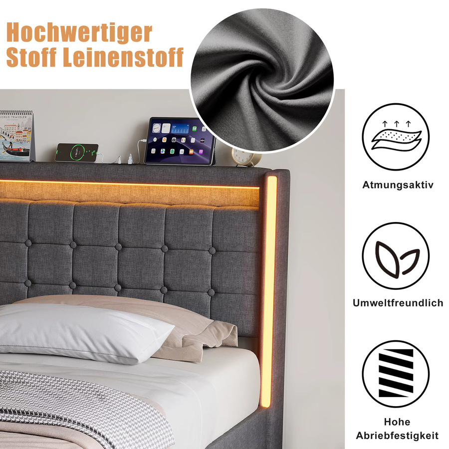 Modernes Polsterbett mit Bettkasten und 2 Schubladen in Beige/Grau, B/T/H: 90 x 200 cm, mit LED-Beleuchtung, USB-Anschluss und Holzlattenrost - Bild 4
