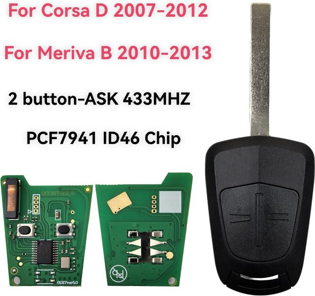 Jingxin 2-Tasten Autoschlüssel Fernbedienung mit ASK-433MHz ID46-PCF7941 Chip für Opel Meriva B 2010-2013 und Corsa D 2007-2012 inklusive Leiterplatte - Bild 1