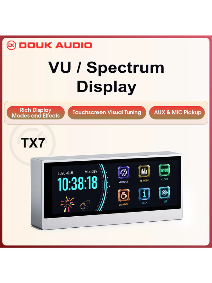 Douk Audio Lab TX7 VU-Meter Audio-Spektrum-Visualisierer mit digitaler Tischuhr und AUX MIC-Empfänger in Silber - Bild 1