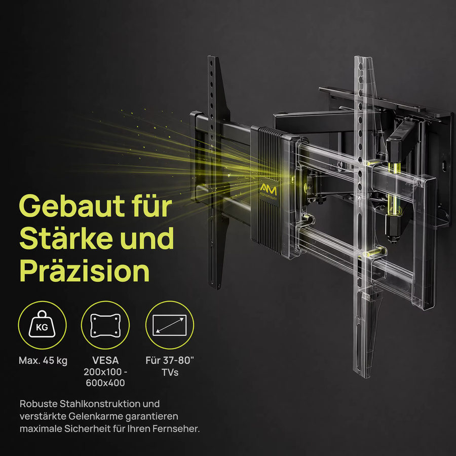 Alphamount Universal TV Wandhalterung schwenkbar und neigbar für 37-80 Zoll Fernseher bis 45 kg in Schwarz - Bild 4