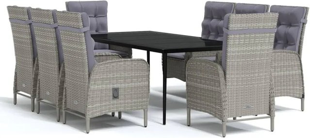 vidaXL 9-teilige Garten-Essgruppe aus PE-Rattan und pulverbeschichtetem Stahl mit Glasplatte in Grau und Schwarz - Bild 1