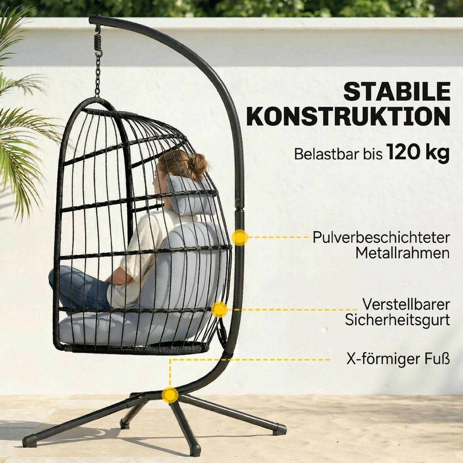 Outsunny Korbhängesessel aus Polyrattan mit Gestell und Kissen, hellgrau, B/H/T: 101 x 196 x 105 cm - Bild 3