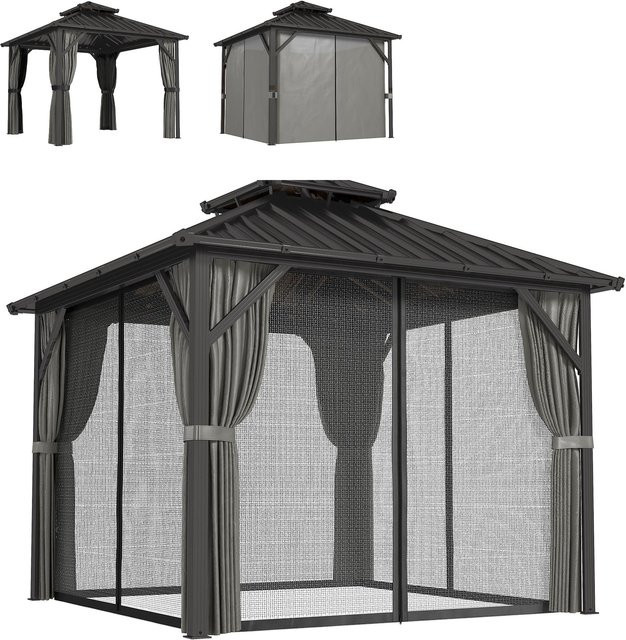 Outsunny Pavillon mit Aluminium-Rahmen und Doppel-Stahlblech-Dach in Grau, B/T: 300 x 300 cm, UPF50+ mit Vorhängen und Moskitonetzen - Bild 1