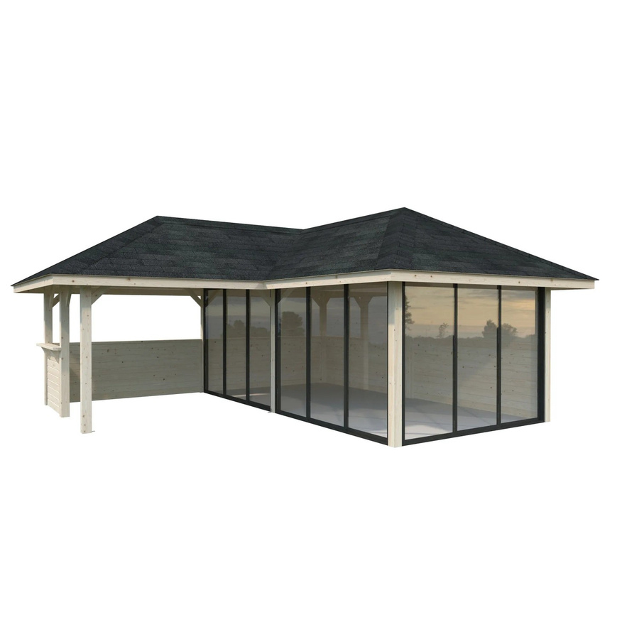 PALMAKO Pavillon Bianca Set 223 Slide aus Fichtenholz in Braun mit transparenten Alu-Schiebetüren und Eck-Tresenanlage, B/H/T: 588 x 319 x 588 cm - Bild 3