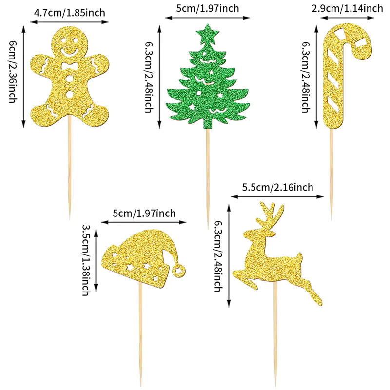 YOMDID 25 Stück Weihnachts-Cupcake-Topper aus Bambus in Gold, Grün und Multicolour mit Weihnachtsbaum, Weihnachtsmütze, Zuckerstange und Hirsch zur Kuchendekoration - Bild 5