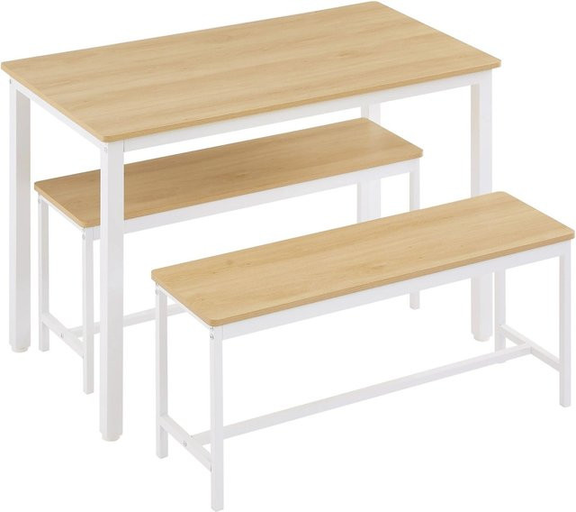 okwish Esstisch Set mit Bänken im Industrial Stil, Farbe Weiß und Natur, B/T/H: 110 x 60 x 75 cm - Bild 1