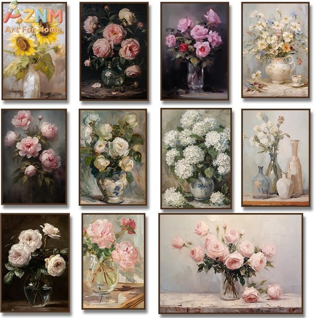AZNM Vintage Impressionistisches Ölgemälde mit Blumenvase als Leinwand-Wandkunst, florales Stilleben-Poster in Mehrfarben - Bild 1