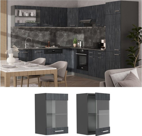 Vicco R-Line Küchen-Hängeglasschrank mit Glastüren in Schwarz Anthrazit B: 40 cm, H: 60 cm, T: 31 cm
