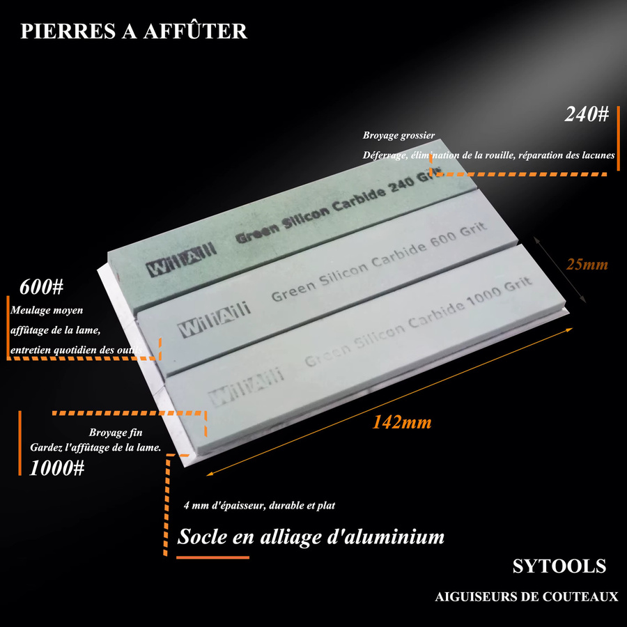 Sytools Messerschärfsteine Set aus grünem Siliziumkarbid mit Aluminiumlegierung-Rohlingen, Körnungen 240, 600 und 1000 - Bild 2