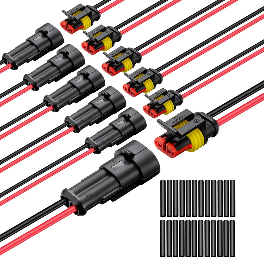 AOKIN 6 Paar 2-polige Steckverbinder wasserdicht, 16 AWG, 2-Draht-Stecker mit Schrumpfschlauch für PKW und LKW, Schwarz - Bild 2