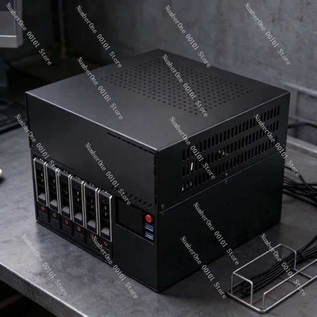 Q6 MATX NAS-Gehäuse in Schwarz mit 6x 3,5 Zoll und 2x 2,5 Zoll HDD/SSD-Einschüben sowie integriertem 2,4 Zoll Front-LCD-Zweitbildschirm - Bild 1