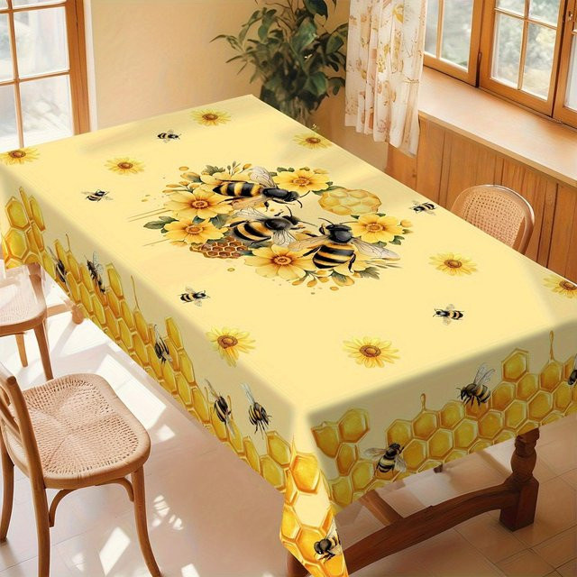 Wasserdichte Tischdecke von JINGYUE Pet mit Sonnenblumen und Bienen Design, gelb, B/B: 90 x 140 cm - Bild 1