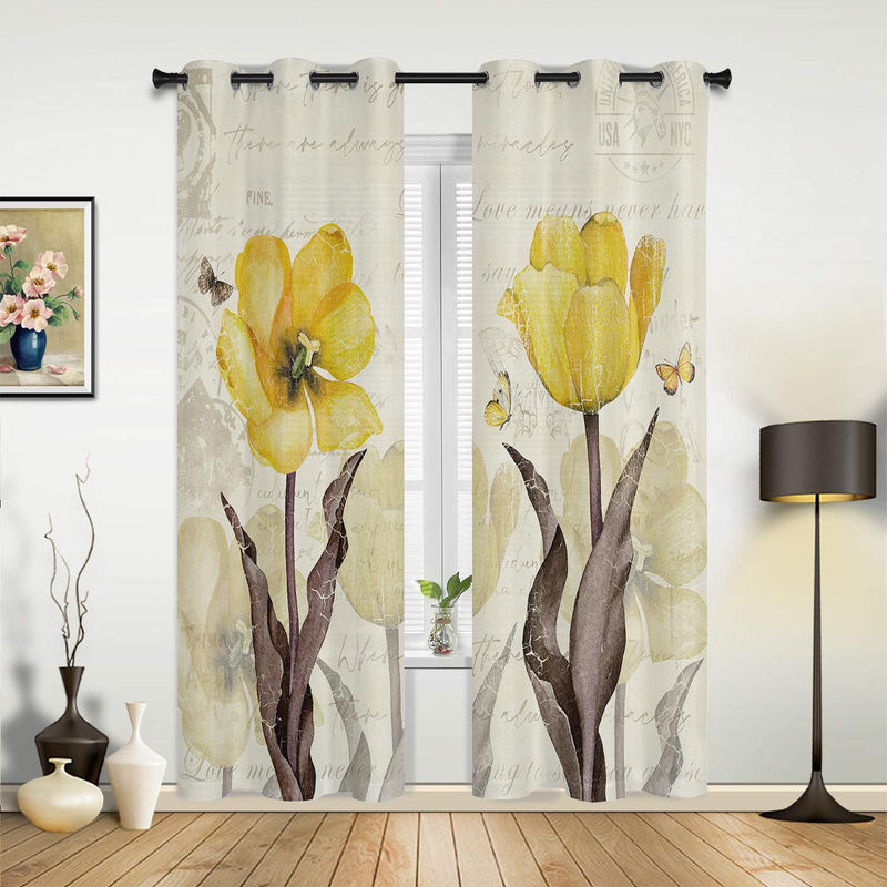 Binchi Vorhang mit Blumen, Schmetterlingen und gelben Tulpen in Weiß, B: 135 cm, H: 60 cm - Bild 2