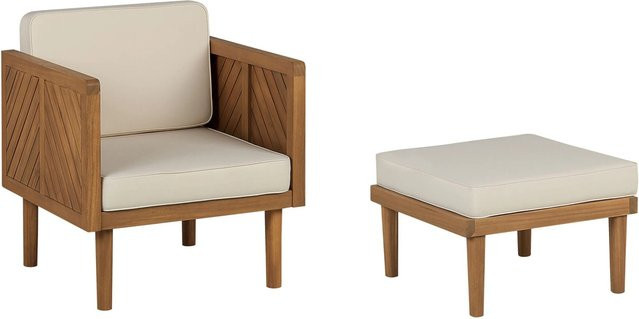 Beliani Gartenstuhl aus Akazienholz in hellem Holzfarbton mit beige Sitzfläche B/T/H: 65 x 65 x 76 cm - Bild 1