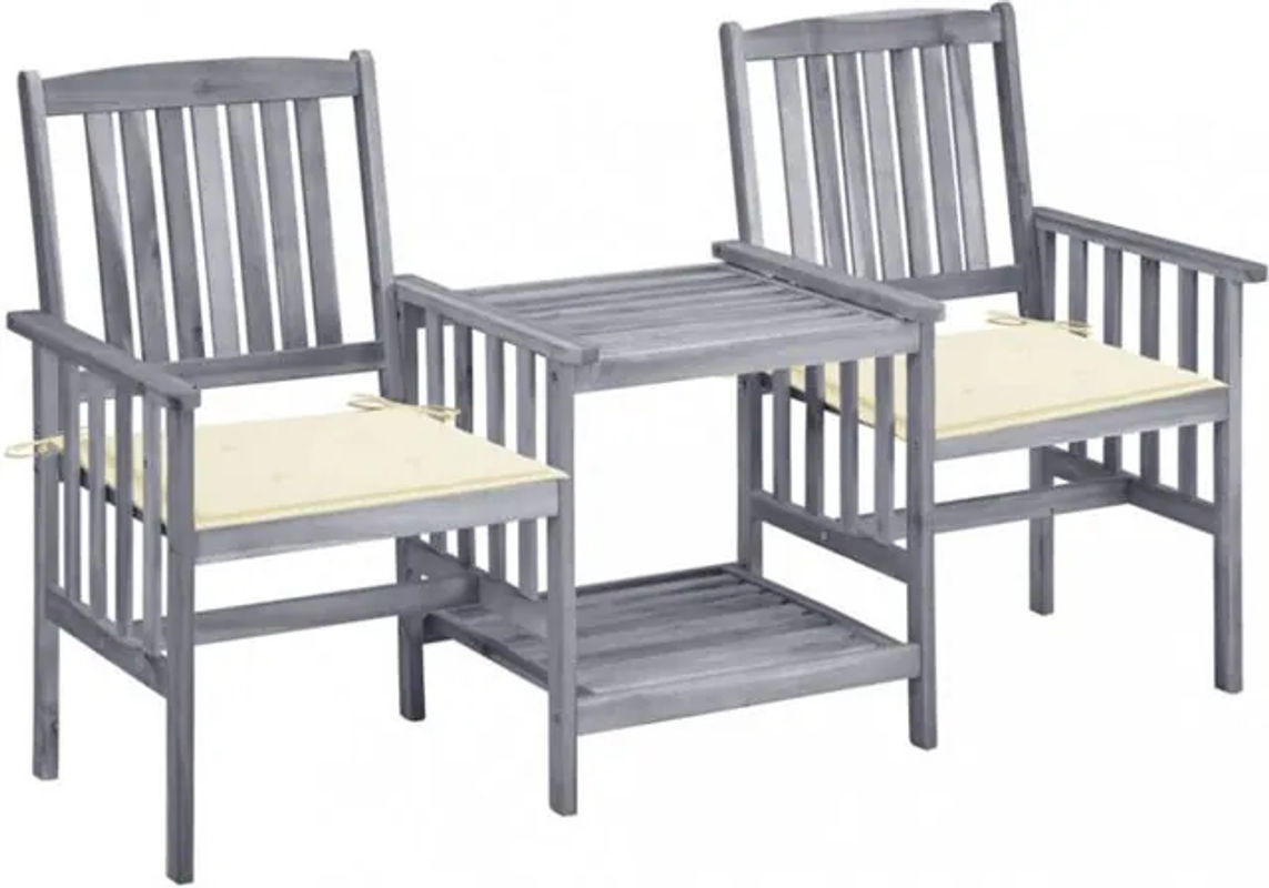 vidaxl Gartenstuhl-Set aus Massivholz Akazie mit Teetisch und Kissen in Grau und Creme im rustikalen Design - Bild 1