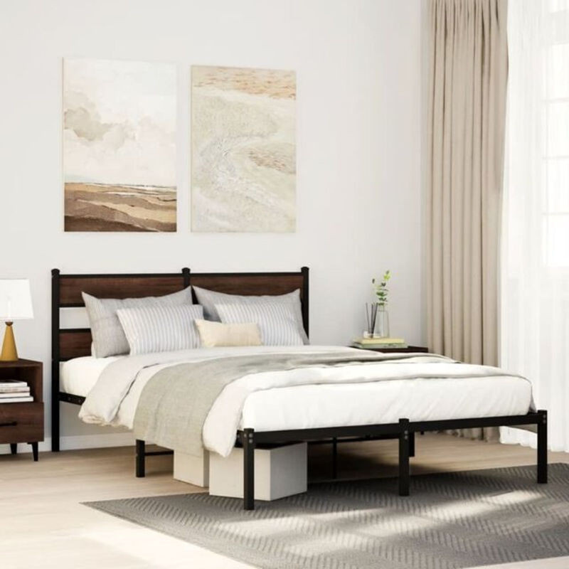 Vidaxl Bettgestell mit Kopfteil in Braun Eiche, Modernes Metallbett aus Holzwerkstoff und Stahl, B/T/H: 140 x 190 x 91,5 cm - Bild 1