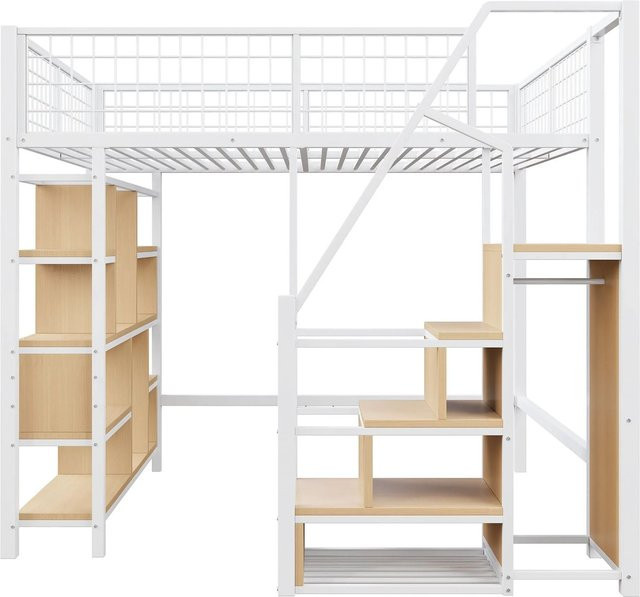 Merax Hochbett mit Treppe und Stauraum aus Metall und MDF, Farbe Weiß, B/T/H: 200 x 140 x 170 cm - Bild 1