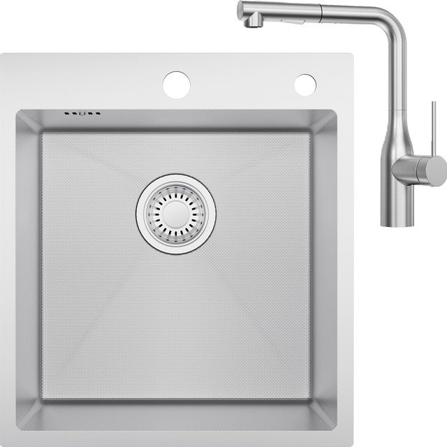 Küchenspüle aus Edelstahl mit ausziehbarer Armatur in Silber, CECIPA max, B: 44 cm, T: 49 cm - Bild 1