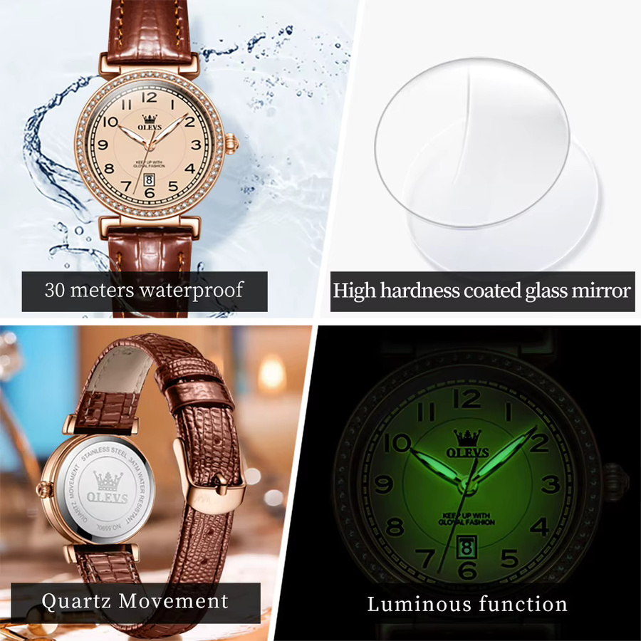 OLEVS Armbanduhr Quarz, Diamantbesetzt, Leder, Weiß, Damen - Bild 3