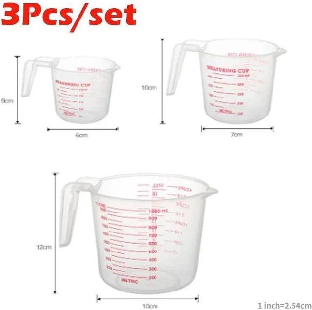 3er Set Messbecher aus Kunststoff mit Skala für Küche und Backen, Weiß/Transparent, Yiran Furniture - Bild 1