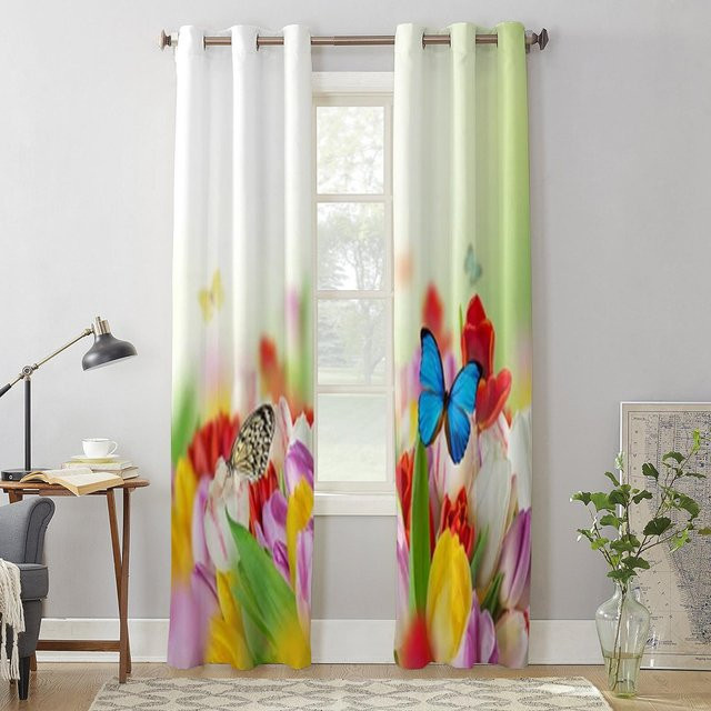 Super Six Fenstervorhang mit buntem Tulpen-Blumenmuster, halbtransparent, Weiß/Mehrfarbig, Breite: 135 cm, Höhe: 60 cm - Bild 1