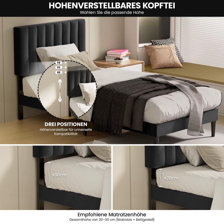 KUTAS Polsterbett Einzelbett mit verstellbarem Kopfteil und Lattenrost in Grauweiß, B/T: 90 x 200 cm - Bild 5
