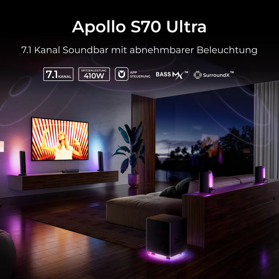 ULTIMEA 7.1-Kanal Soundbar mit Subwoofer und RGB-Beleuchtung in Schwarz, 3-in-1 abnehmbares Surround-Sound-System mit App-Steuerung - Bild 2
