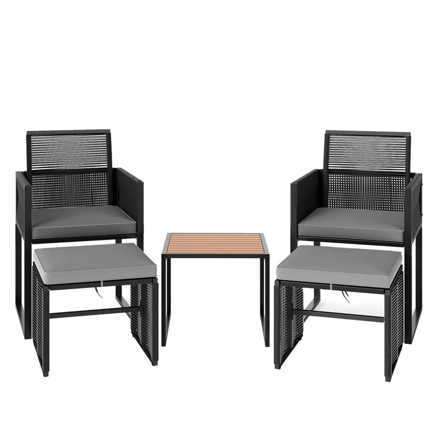 Costway 5-teiliges Gartenmöbel Set aus Akazienholz und PE-Rattan in Schwarz-Grau mit Tisch, 2 Stühlen und Hockern - Bild 2