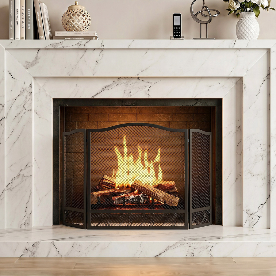 HOMCOM Kamin-Funkenschutz aus Metall mit floralem Design, 3-teilig klappbar, Schwarz, B: 107 cm, H: 60 cm - Bild 2