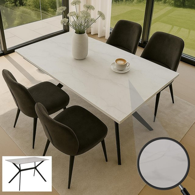 Esszimmertisch MCW-O58 aus Sinterstein und Metall in Marmor-Optik, Weiß, Breite: 120 cm - Bild 1