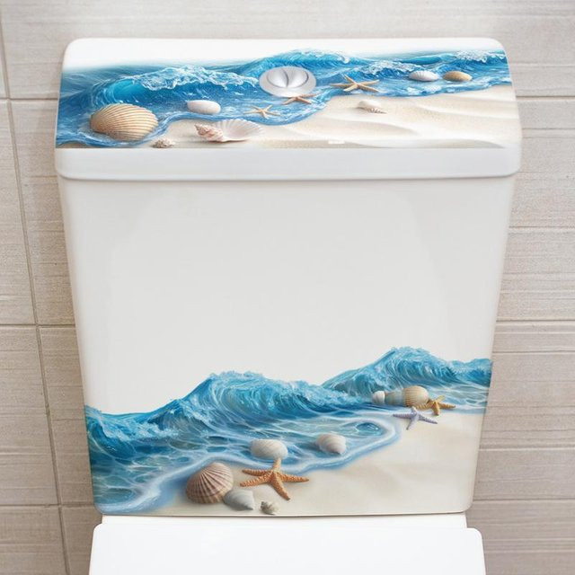 Wasserdichter und rutschfester Badezimmer Bodenaufkleber mit Ozeanwellen-Design in Blau und Multicolour, abnehmbare Strand-Dekoration für Badewanne und Küsten-Optik - Bild 1