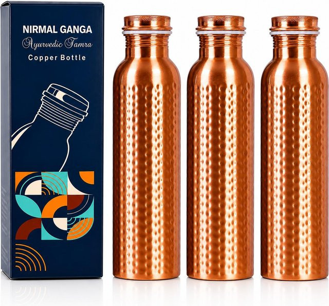 Nirmal Ganga Gehämmertes Kupferflasche 3er-Pack, Farbe: Braun/Gold, Volumen: 1 l pro Flasche - Bild 1