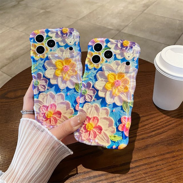 MUQGEW Handyhülle mit blauem Ölgemälde und buntem Blumenmuster für iPhone 17, 16, 15, 14 Pro Max, stoßfeste Schutzhülle mit Wellen-Design - Bild 1