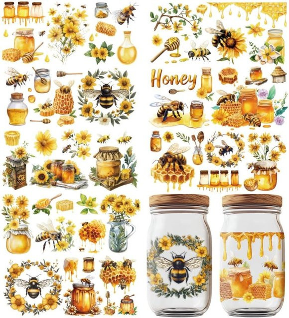 10 Blatt UV DTF Cup Wraps Sweet Honey Cartoon Bee Theme Aufkleber, Wasserdichte Transferaufkleber für Glas, Multicolor - Bild 1